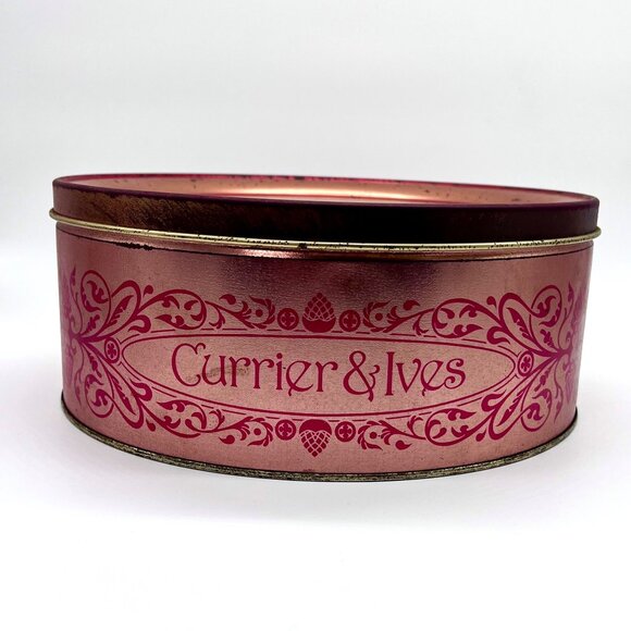 Vintage Currier & Ives Winter Pastime Decorative Tin Red Gold Round Storage - Picture 3 of 9